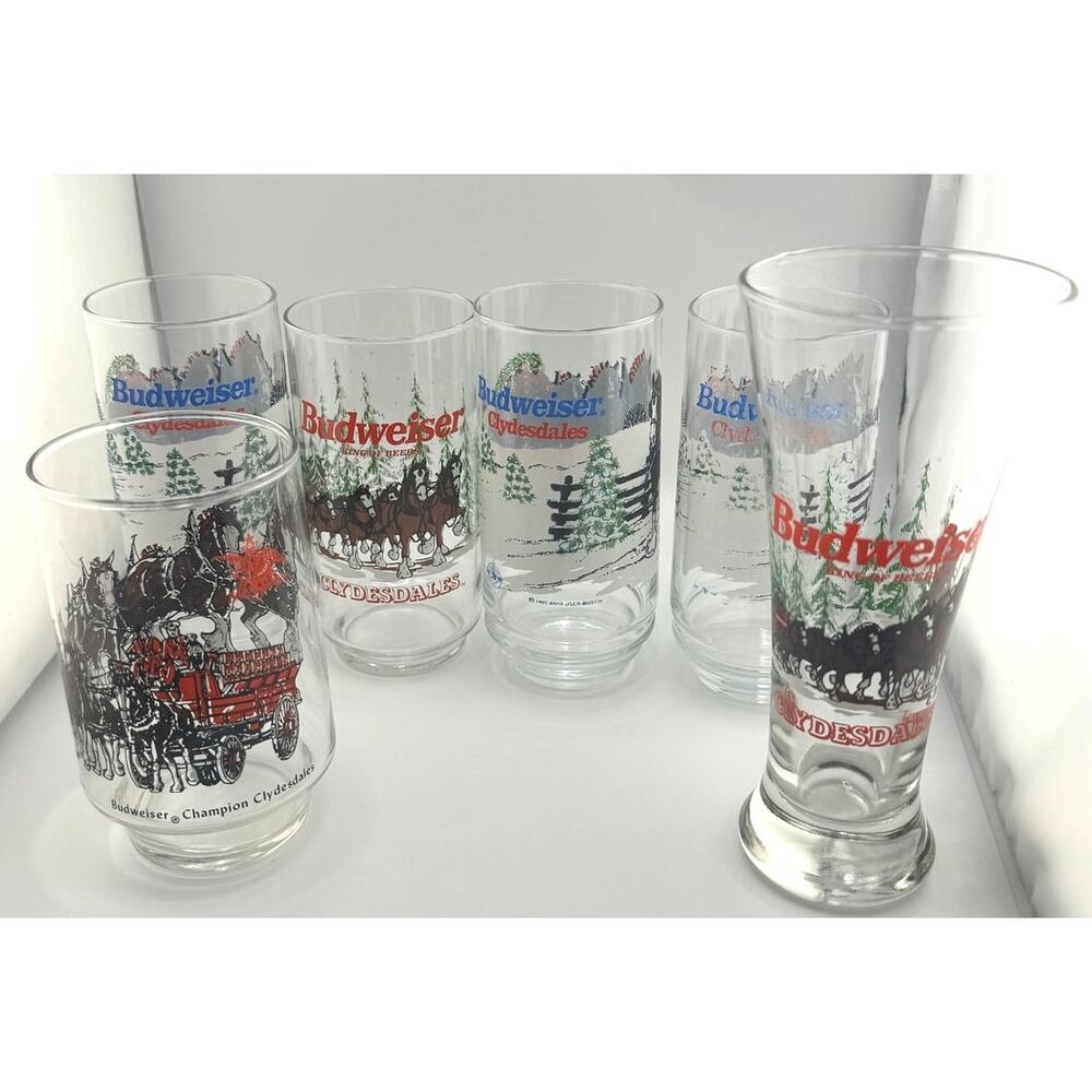 VTG Lot Of 6 Budweiser Clydesdale Glasses Pilsner 1989 1995‎